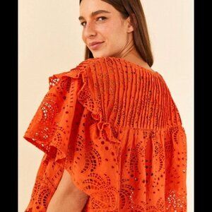 NWOT FARM Rio Palm Tree Eyelet Flutter Slv Top size M